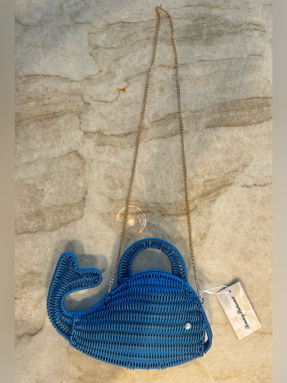 🆕 Tommy Bahama Blue Whale Woven Crossbody Purse Gold Removable Chain Strap NWT 🐳
